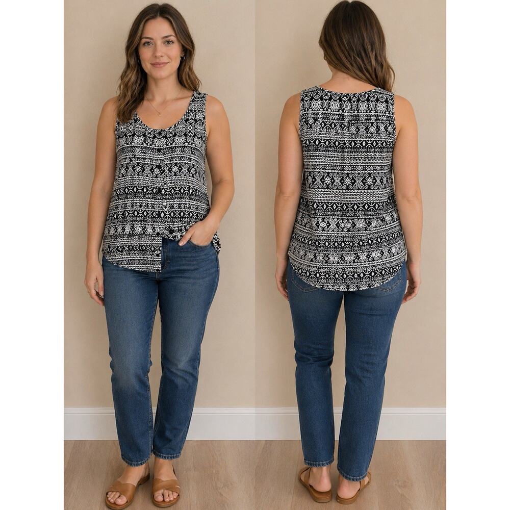 Faded Glory Geometric Black White Flowy Blouse Sz 8-10 Casual Tribal